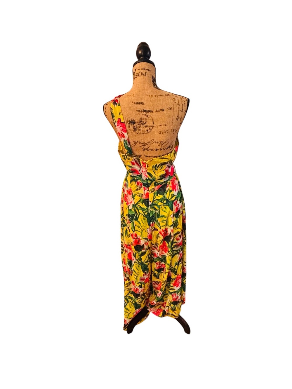 SHEIN Yellow Tropical Floral One-Shoulder Cutout Wide Leg Pants Large 6 0588 - Picture 8 of 9